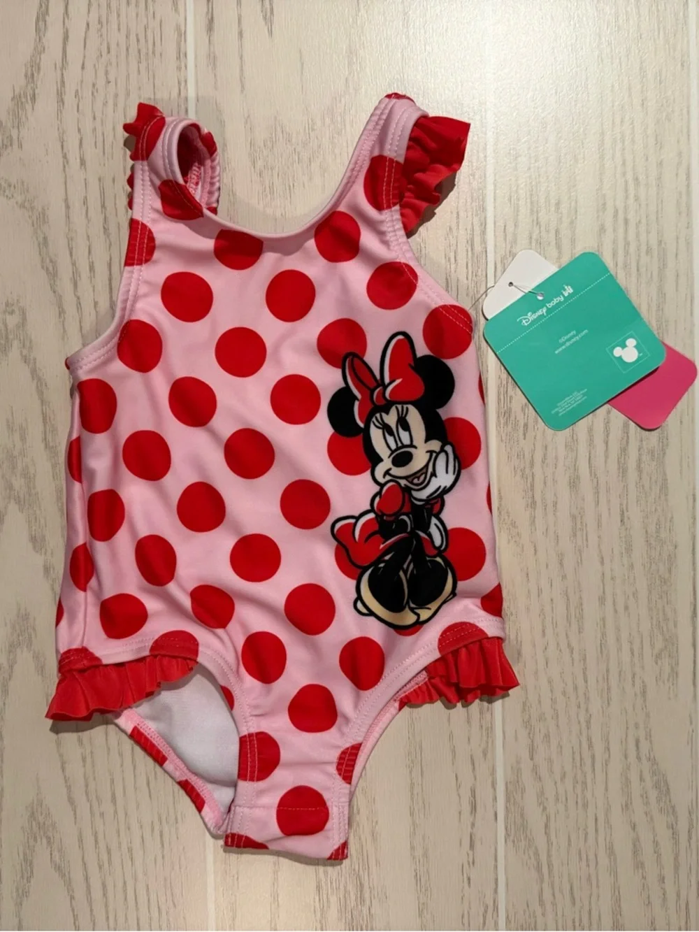 Disney Baby Minnie Mouse Swimsuit 9M Pink Red Polka Dot Ruffle One Piece NWT